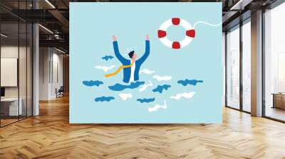 Help in crisis, life saver, rescue or business support, safe and security aid to solve problem, emergency lifebuoy concept, hopeless businessman drowning in ocean try to grab lifebuoy from safe guard. Wall mural