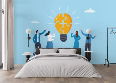 Idea brainstorming, cooperation or collaboration to get solution, teamwork or team meeting to develop idea together, employee participation concept, business people connect lightbulb jigsaw puzzle. Wall mural