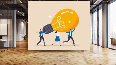 Innovation idea to drive team success, business innovative solution, community or invention help company achieve goal concept, business people teamwork help carry big smart lightbulb innovation idea. Wall mural