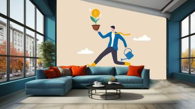 Investing in growth stock, entrepreneur growing business or profit from investment concept, happy businessman running holding growing plant with dollar money coin flower and watering can. Wall mural