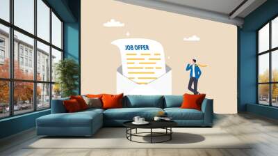 Job offer or job opportunity to be promoted or new position for higher salary, employment and recruitment, human resources concept, businessman candidate thinking to accept job offer email envelope. Wall mural