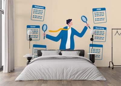 Job seeking, search for new career and opportunity, looking for employment and job vacancy concept, smart businessman using magnifying glass in both hands searching for new hiring career. Wall mural