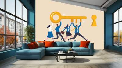 Key to success, teamwork, people to help solve problem, career opportunity, unlock secret or discovery, motivation concept, business people team member help carry golden success key push into keyhole. Wall mural