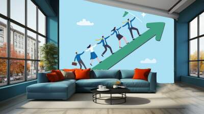 Leadership development, team success or motivation to lead team to reach goal, improvement or progress, growing together concept, businessman and woman team holding hand walk up rising growth arrow. Wall mural