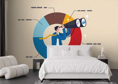 Marketing strategy, data analysis chart and graph, financial forecast or stock market diagram, research data or investment planning concept, businessman on pie chart looking thorough binoculars. Wall mural