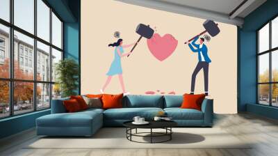 Marriage difficulties problem, divorce or violence or painful in broken relationship couple concept, angry couple husband and wife using big hammer to hit broken heart shape metaphor of family problem Wall mural