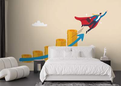 Money growth investment growing profit or compound interest, financial planning or increase revenue or income, wealth accumulation concept, success businessman superhero flying up money coins stack. Wall mural