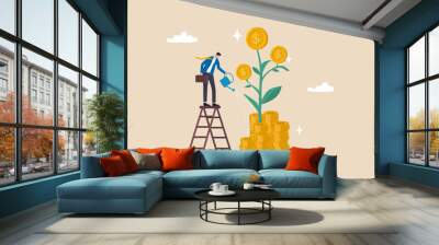 Mutual fund or growing investment, wealth profit growth or earning increase, savings or wealth management, pension fund concept, businessman investor watering stack dollar coin to grow money plant. Wall mural