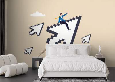 Online advertising or digital marketing, SEO click through rate, social media marketing or search engine optimization concept, businessman riding digital pixel mouse pointer to click on button. Wall mural