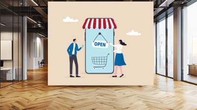 Open online shop or store website for e-commerce to sell product concept, businesswoman flip the open sign on mobile website online store with customer waiting to buy retail products. Wall mural