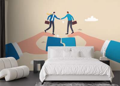 Partnership, teamwork or collaboration to success, solve jigsaw puzzle together, agreement or solution to win corporate trust, cooperation concept, businessman handshake connect jigsaw together. Wall mural