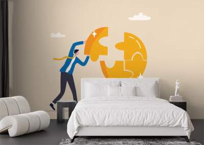 Problem solver, get solution to overcome difficulty, idea, creativity or innovation to fix problem or trouble concept, smart businessman solving lightbulb idea puzzle by connecting last jigsaw piece. Wall mural