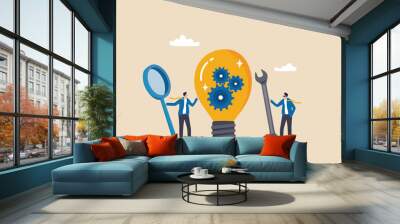 Product development, research and optimize for development process to launch new product, project management or productivity concept, businessman with magnifier with lightbulb idea with cog wheels. Wall mural