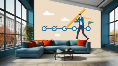 Project tracking, goal tracker, task completion or checklist to remind project progress concept, businessman project manager holding big pencil to check completed tasks in project management timeline. Wall mural