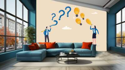 Question and answer, FAQ frequently asked questions, asking and reply to solve problem, help information, solution or q and a session concept, business people with question mark and lightbulb bubble. Wall mural