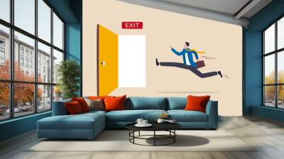 Quit routine job, escape way or solution for business dead end to be success or exit from work difficulties concept, businessman worker in suit running in hurry to emergency door with the sign exit. Wall mural