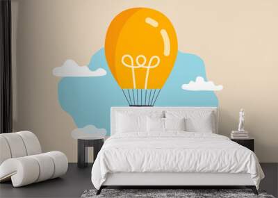 Search for new business opportunity, idea or inspiration, business visionary, challenge or achievement concept, businessman riding light bulb balloon using spyglass or telescope searching for vision. Wall mural