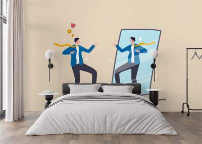 Self acceptance, love and respect yourself, key to success, confidence and positive thinking, attitude or mindset for leader concept, confidence businessman appreciate his self reflection on mirror. Wall mural