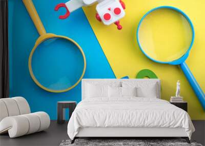 SEO Search engine optimization concept with blue and yellow magnifying glass, alphabet abbreviation SEO and robot on colorful background Wall mural