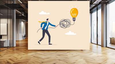 Simplify complex business idea, untangle or solve business problem, solution for messy chaos situation concept, smart businessman untangle messy line of business idea lightbulb or simplify problem. Wall mural