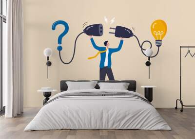 Solution solving problem, answer to hard question or creativity idea and innovation help business success, leadership to overcome difficulty, businessman connect question mark with lightbulb solution. Wall mural