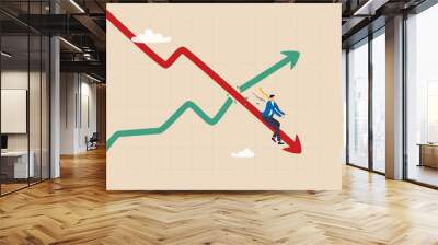 Stagflation, economic slow down or recession while inflation high up, GDP growth decrease causing by unemployment concept, fearful businessman riding fall down economic graph with inflation high up. Wall mural