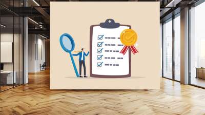 Standard, quality control or certified approval, corporate policy or compliance, guarantee checklist document, assurance concept, businessman hold magnifying glass with standard QC badge document. Wall mural