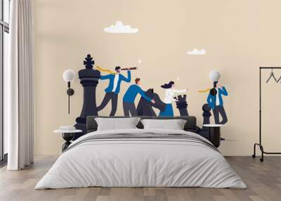 Strategy to win competition, teamwork help plan strategic idea to fight and achieve business victory, challenge concept, business people team players stand strong with king, knight chess pieces. Wall mural