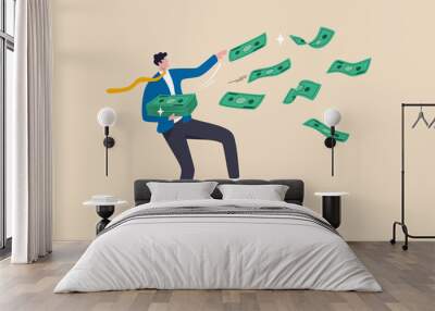 Success and wealthy fortune entrepreneur, investment profit and earning, FED stimulus monetary policy concept, happy businessman millionaire throw out pile of money banknotes flying into the air. Wall mural