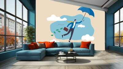 Success businessman get rich, office worker achieve financial independence and quit routine job concept, happy wealthy businessman flying with his umbrella holding briefcase with money banknote. Wall mural