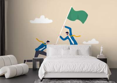 Team achievement, business challenge and victory or winner reaching goal and target concept, businessmen people teamwork or partnership helping raising winning flag. Wall mural