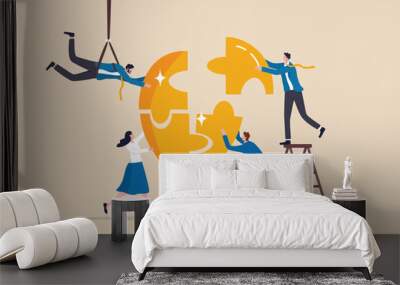 Team building, team collaboration for business idea, teamwork to solve problem, strategy plan to work together for success concept, businessmen and businesswomen team up to solve lightbulb jigsaw. Wall mural