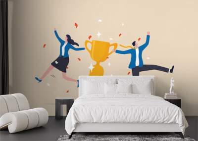 Team success, partnership or teamwork to win business competition, winner or achievement, work together or cooperation concept, businessman and businesswoman partner celebrate winning victory trophy. Wall mural