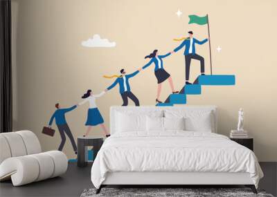 Team support help success, teamwork to progress and success together, company growth step or employee development, team achievement concept, business people team up holding hand help climb up stair. Wall mural