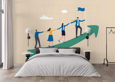 Teamwork cooperate together to achieve target, leadership to build team walking up rising growth arrow, career development concept, businessman leader holding hand with employee walking up arrow graph Wall mural