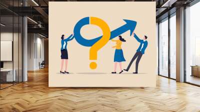 Teamwork to solve business problem, cooperation or collaboration in company to achieve business success concept, businessmen and women, colleagues help put solution arrow on question mark problem sign Wall mural