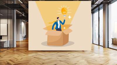 Think outside the box, creativity to create different business idea or motivation and innovation concept, smart businessman get out of paper box with new illumination lightbulb idea. Wall mural