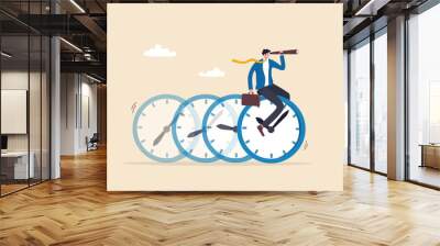 Time management, vision or effort to manage project and foresee problem or opportunity, work deadline or timer countdown, progress or development concept, businessman riding time passing clock. Wall mural