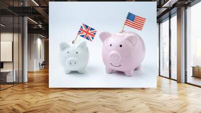 United Kingdom Brexit and US America budget, economics and investment concept, happy smile pink piggy bank with the UK national flag isolated on white and blue background Wall mural