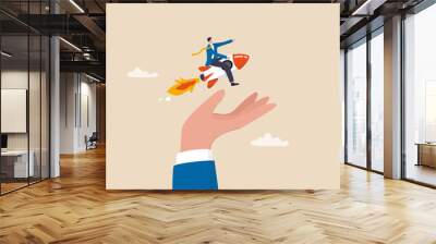 Venture capital to funding startup company, help or financial support entrepreneur or small company to launch project concept, confident businessman riding launching company rocket in supporter hand. Wall mural