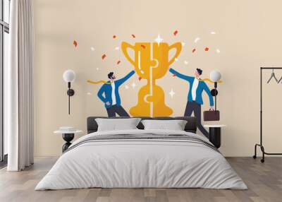 Win-win situation, agreement or solution to win together, solution for best result, teamwork to help success and achieve goal together concept, businessman connect trophy jigsaw piece to win together. Wall mural