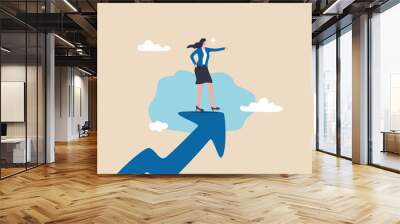 Woman leader, success businesswoman or female visionary to lead company, lady entrepreneur or feminine leadership concept, success businesswoman standing on growth arrow pointing to the bright future. Wall mural