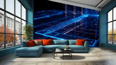 Blue grid of glowing squares fills a black computer screen. Technology futuristic background. Wall mural