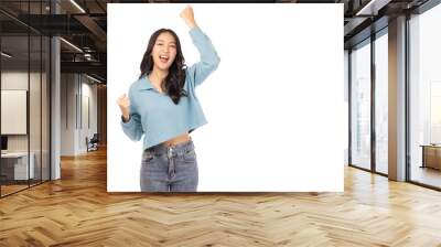 Excited young asian woman with raised hands celebrating success Portrait cheerful positive asian female with raised hands and fists open mouth Girl get happy, enjoy life isolated on white copy space Wall mural