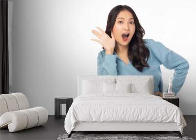 Surprised happy beauty asian woman looking camera in excitement Expressive facial expressions Excited young lady hearing whisper Beautiful girl act like a tell someone Isolated on white background Wall mural