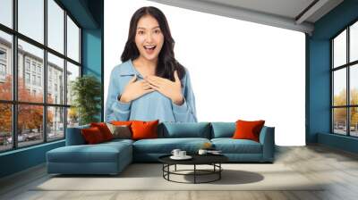 Surprised happy beauty asian woman looking camera in excitement with happy and smile face Expressive facial expressions. Beautiful girl act like a satisfied product Isolated on yellow background Wall mural