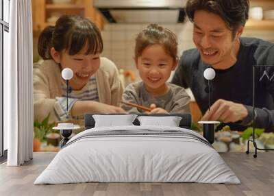 Joyful Japanese Family Making Sushi Together in Warmly Lit Kitchen with Fresh Ingredients and Wooden DÃ©cor Wall mural