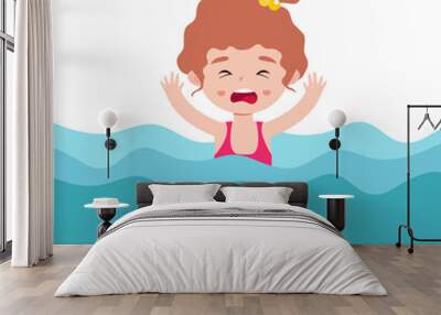 Cute kid drowning in water,  is shocked. children raising hand up for needing help isolated on background cartoon flat vector illustration Wall mural