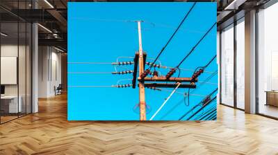 Electricity pole against blue sky clouds, Transmission line of electricity to rural distribution Wall mural