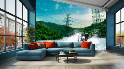 Electricity transmission line with green tree mountain, Green conservative energy, Energy be friendly with environment concept, Power distribution pylon system to rural community and countryside Wall mural